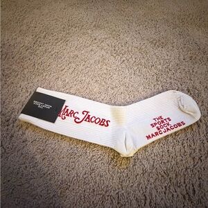 Marc Jacobs White Athletic Crew Socks with Red Logo Embroidery